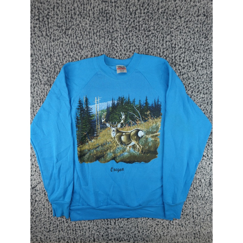 Oneita Power-Sweats Oregon Deer Graphic Sweatshirt Mens Large Blue Vintage 1992